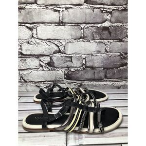 Cole Haan Black White Leather Silver Pewter Strap Flats Sandals Women Sz 7.5B US